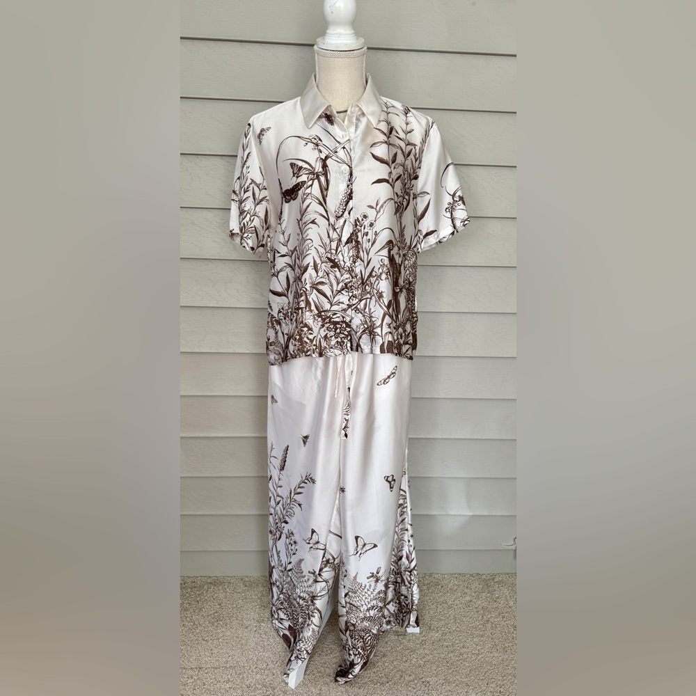Tahari Elie Brown and White floral wide leg pants set